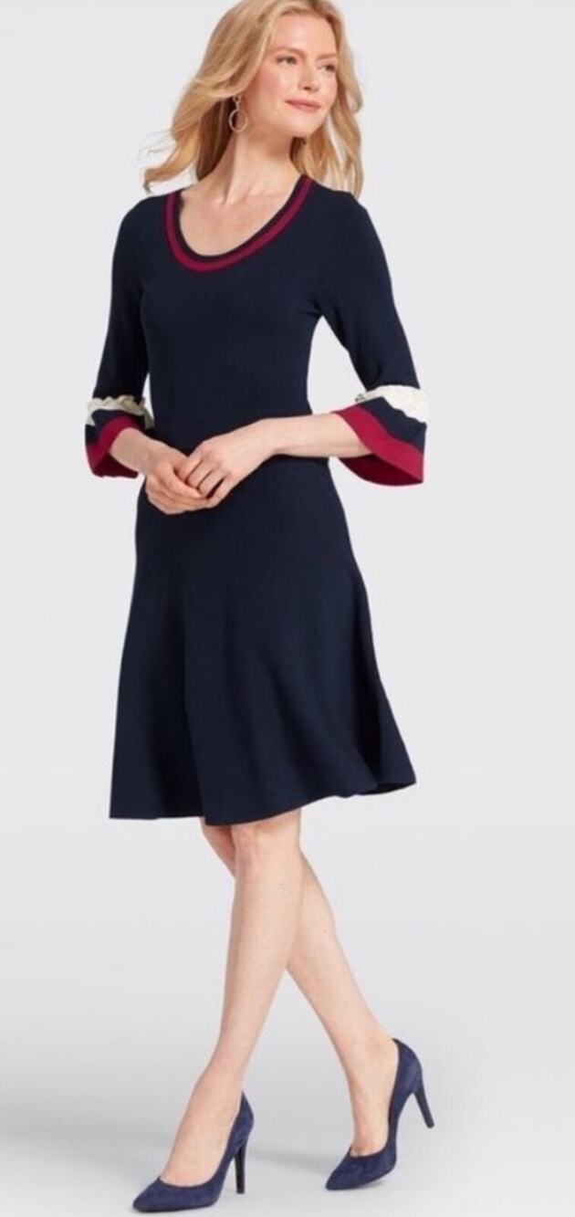 Draper James French Colors Stripe Bell-Sleeve Sweater Dress Retail $150 Medium